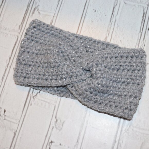 ✨🌫️ Chunky Gray & Silver Glitter Crochet Headband – Handmade · One Size - Picture 3 of 4